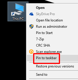 click pin to taskbar context menu option