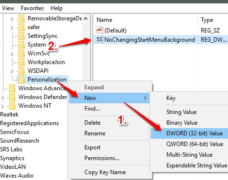 create NoChangingStartMenuBackground dword value