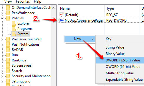 create NoDispAppearancePage dword value