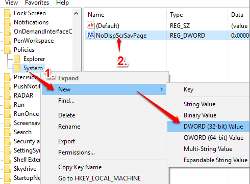 create NoDispScrSavPage dword value