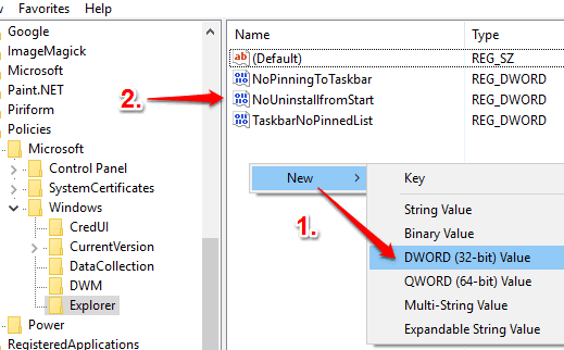 create NoUninstallfromStart dword value