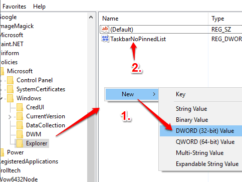 create TaskbarNoPinnedList dword value