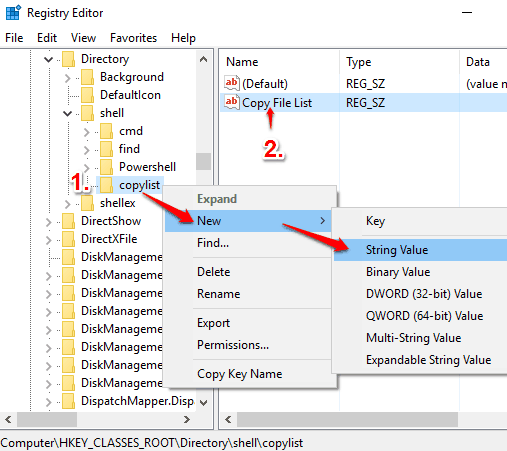 create copy file list string value in copylist key