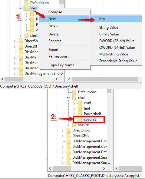 create copylist key under shell key