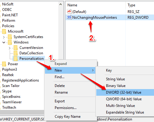 create nochangingmousepointers dword value