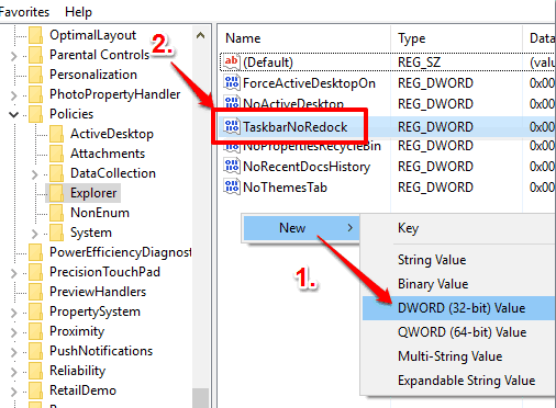 create taskbarnoredock dword value