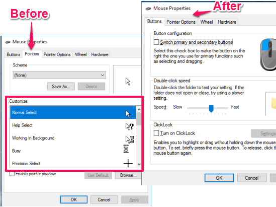 disable mouse cursor change in windows 10