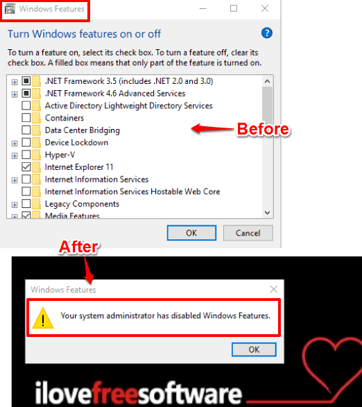 disable windows features in windows 10