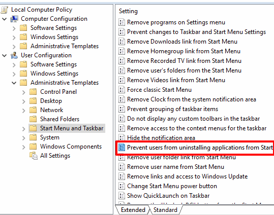 double click on prevent users from unistalling applications from start option