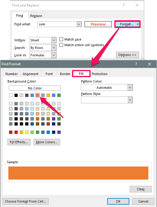 show cells formula background color options