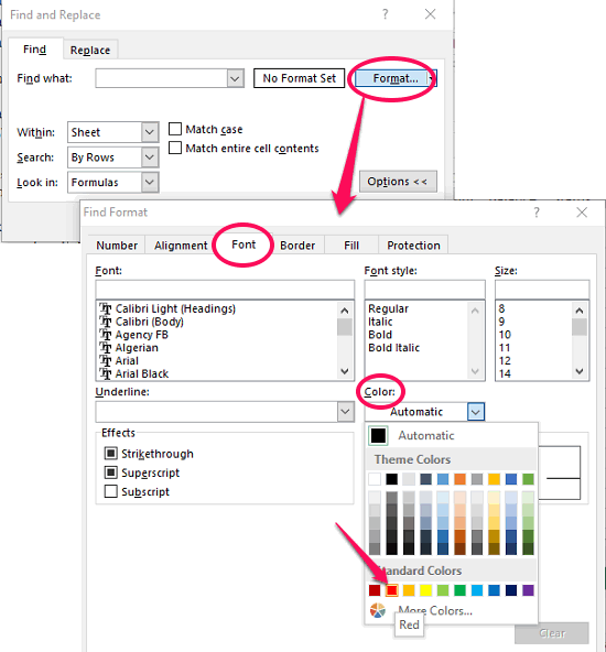 show cells formula font formatting option