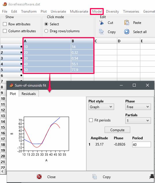 Curve fitting in PAST