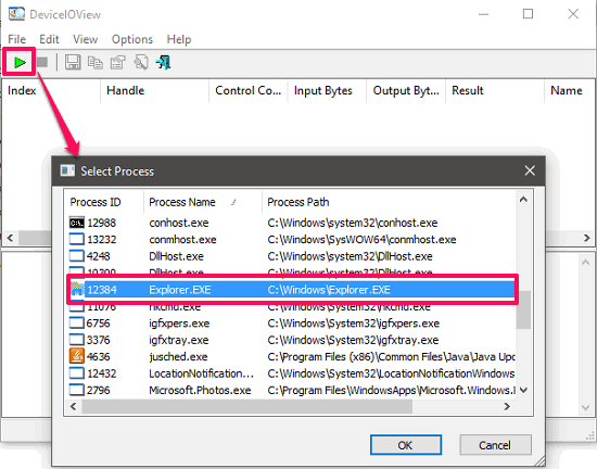 DeviceIOView selecting process