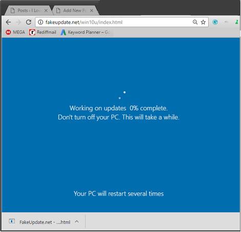 Fake Update adding windows 10 update screen to browser window interface