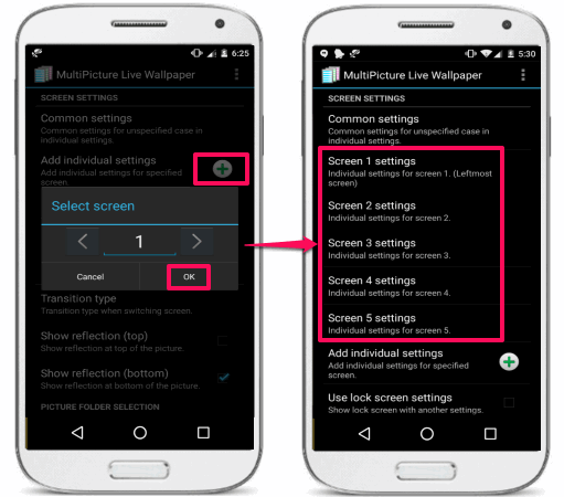 Multipicture live wallpaper adding screens