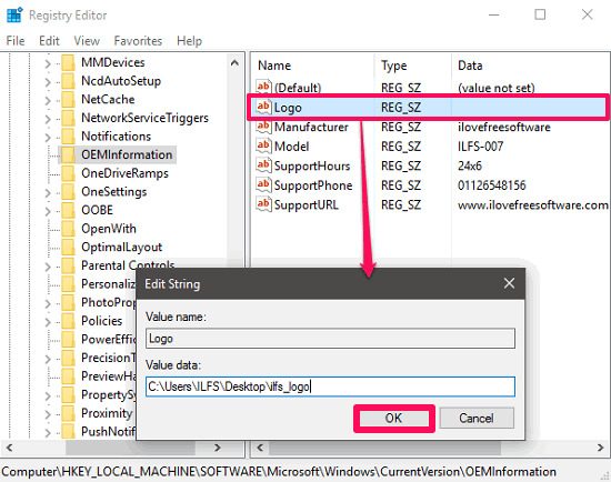 Registry editor oem chnages logo 1