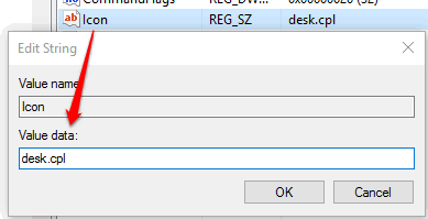 create icon string value and add desk.cpl in value data