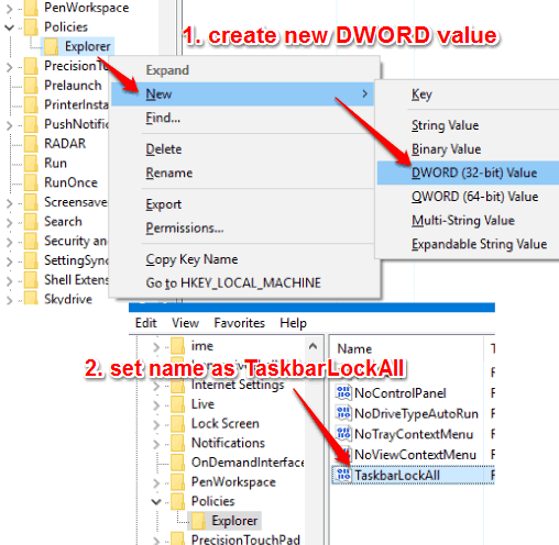 create taskbarlockall dword value