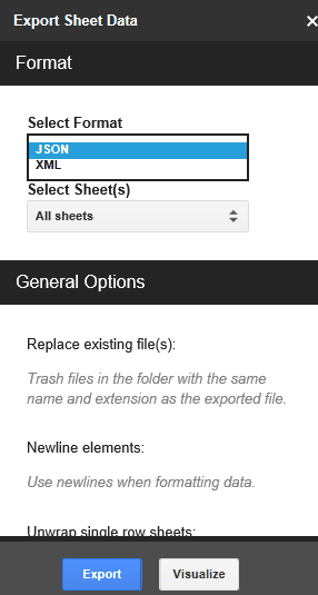 how to export google sheet data as JSON and XML