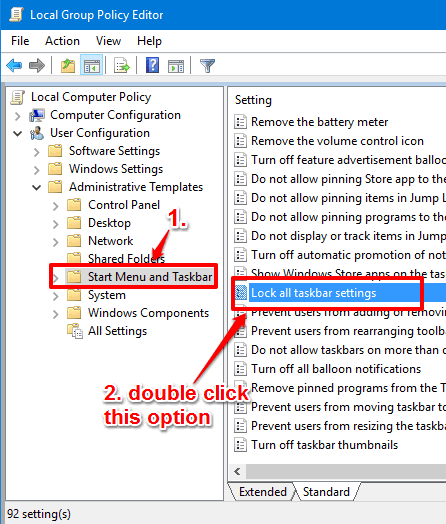 find and double click lock all taskbar settings option