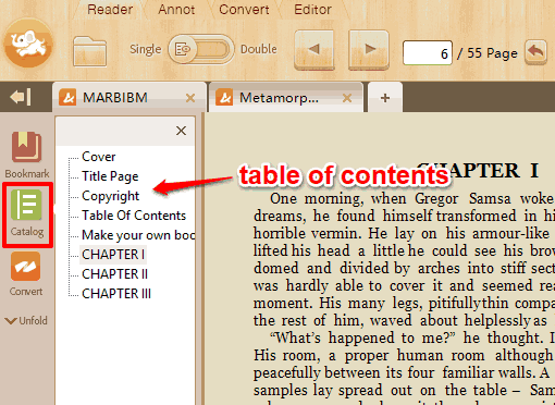 table of contents feature