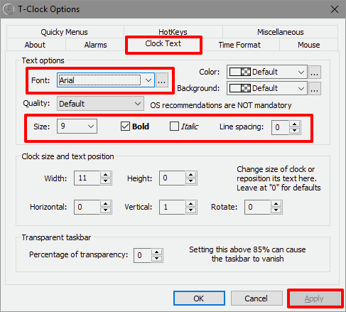 T-Clock options window changing font