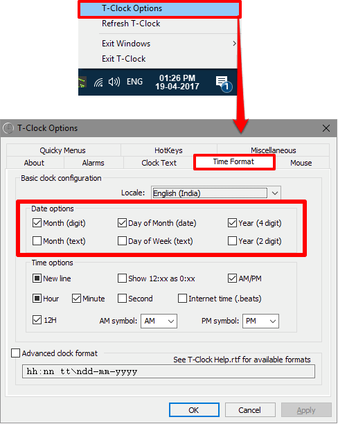 T-Clock options window