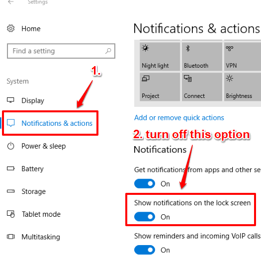 access notifications and actions and turn off show notifications on lock screen option