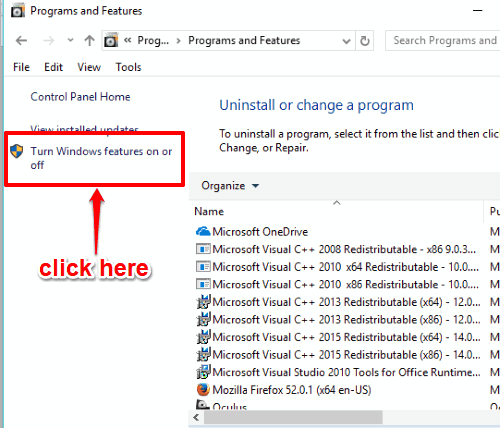 click turn windows features on or off option