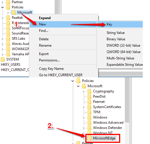 create MicrosoftEdge key