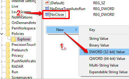 create NoClose dword value