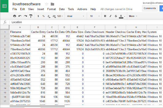 csv file of thumbnail cache list