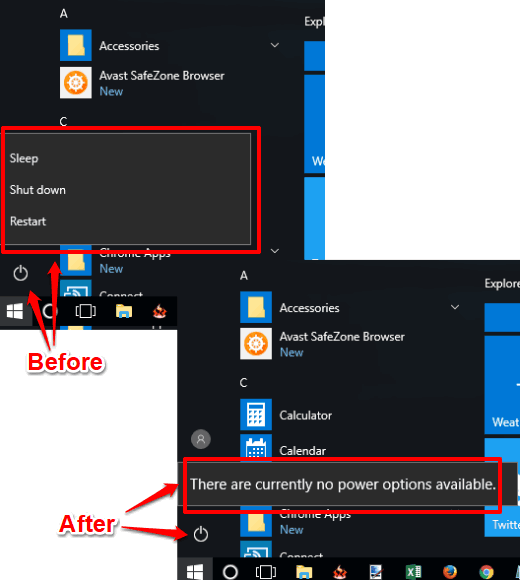 disable shut down, restart, sleep in windows 10 start menu