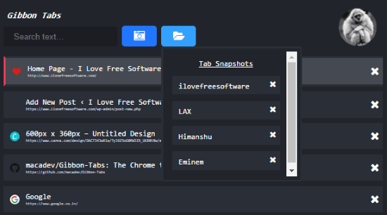 gibbon tabs- open saved chrome sessions
