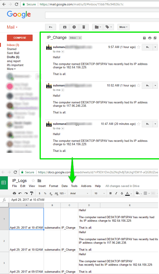 logging IP addresses changes in Google spread sheet