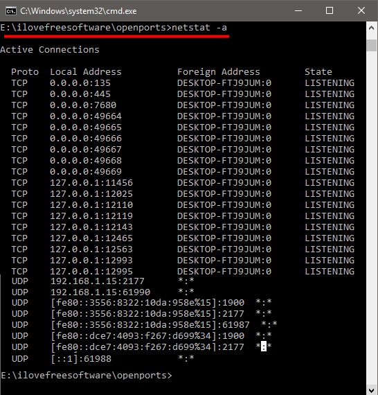 netstat command listing open ports