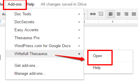 open writefull thesaurus using addons menu