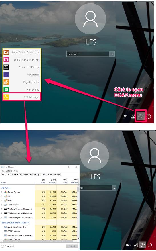 task manage on logon screen via EOAR