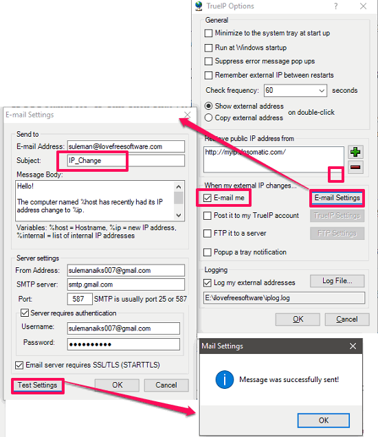 trueIP email settings