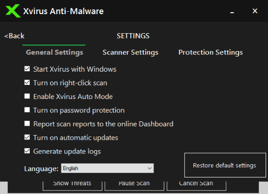 xvirus settings