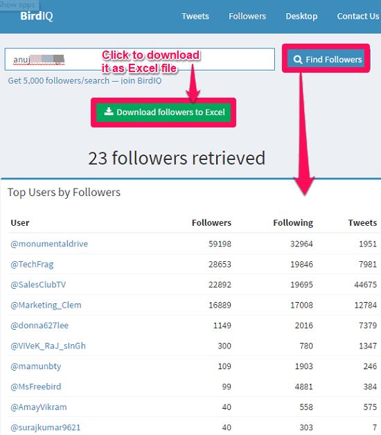 BirdIQ in action download twitter followers of twitter users