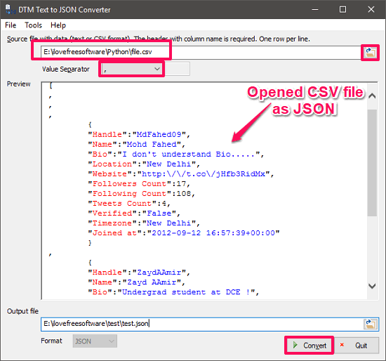 DTM text to JSON converter convert CSV