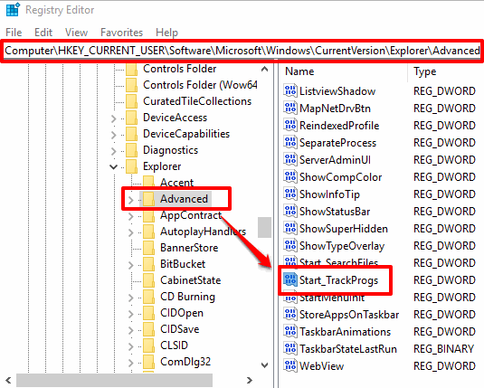 access advanced key and startrackprogs dword value