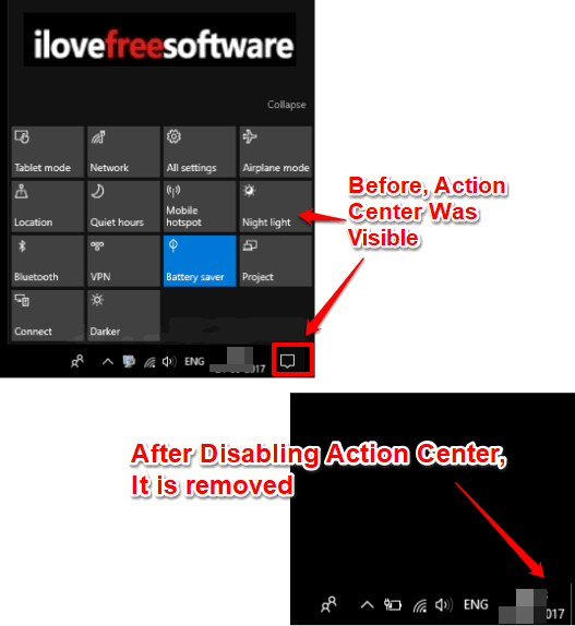 action center disabled in windows 10