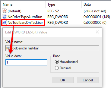 add 1 in value data of notoolbarsontaskbar