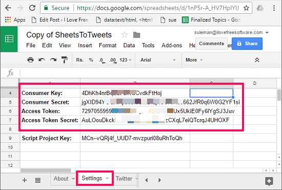 enter access keys and tokens