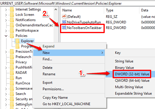 create NoToolbarsOnTaskbar dword value