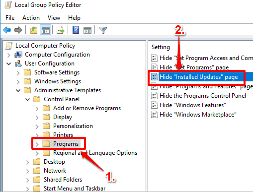 double click hide installed updates page option available in programs folder