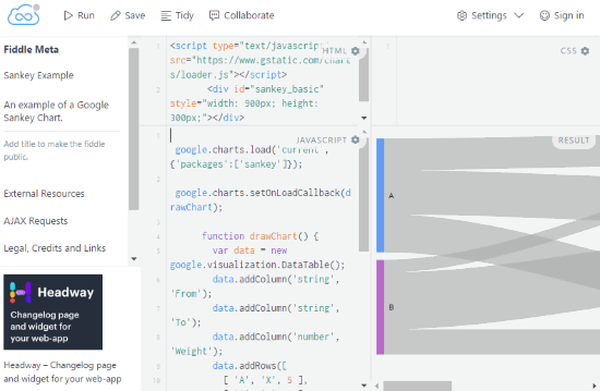 jsfiddler to create sankey diagram using google charts