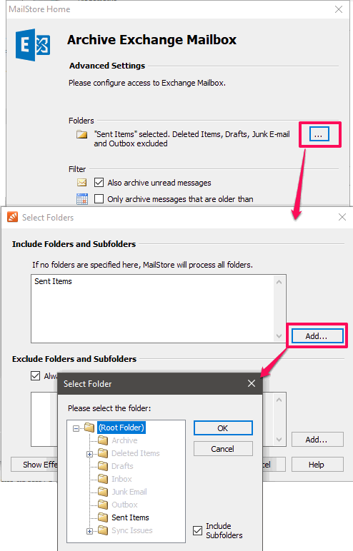 mailstore home selecting folders outlook account